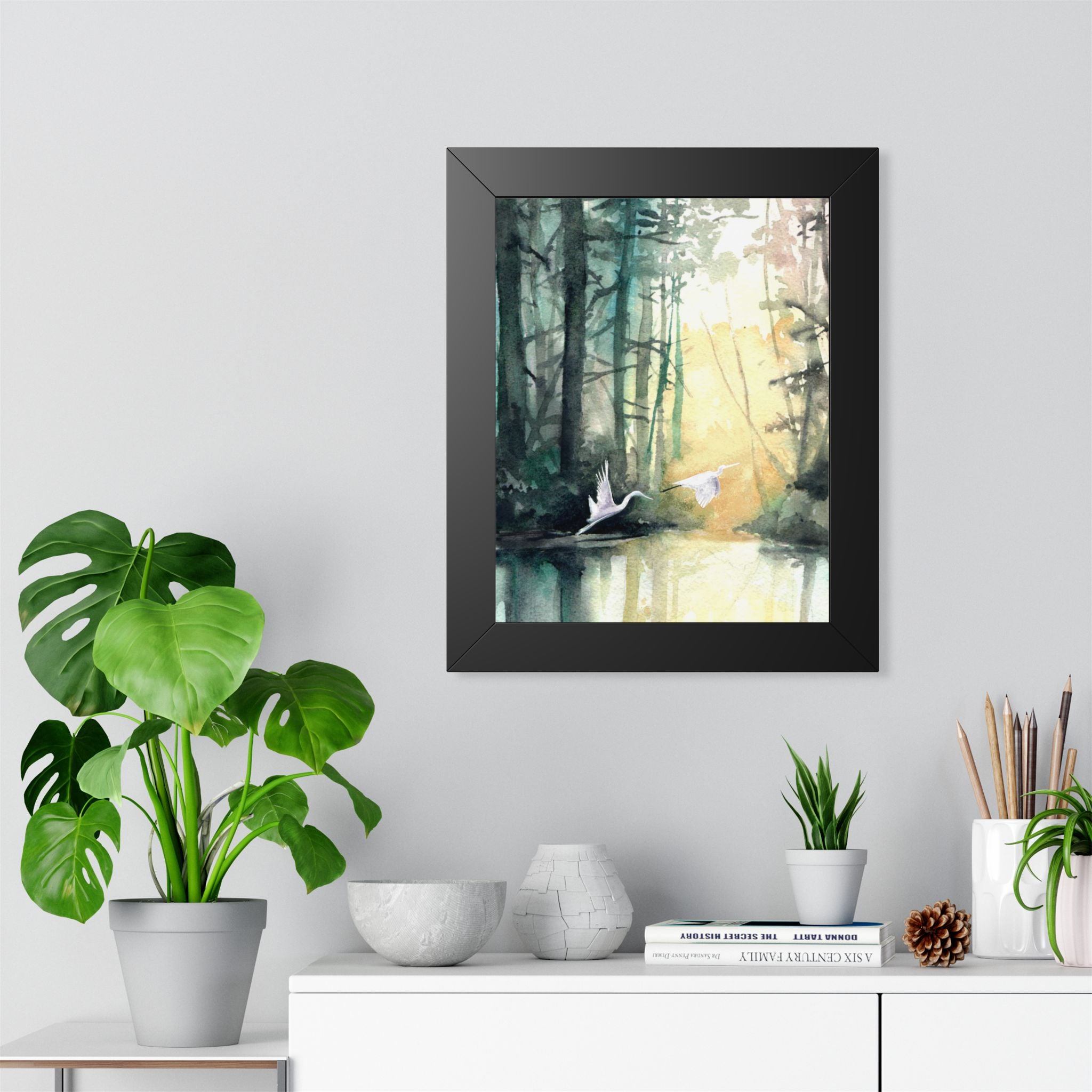 L Egrets at Dawn — Framed Vertical Poster