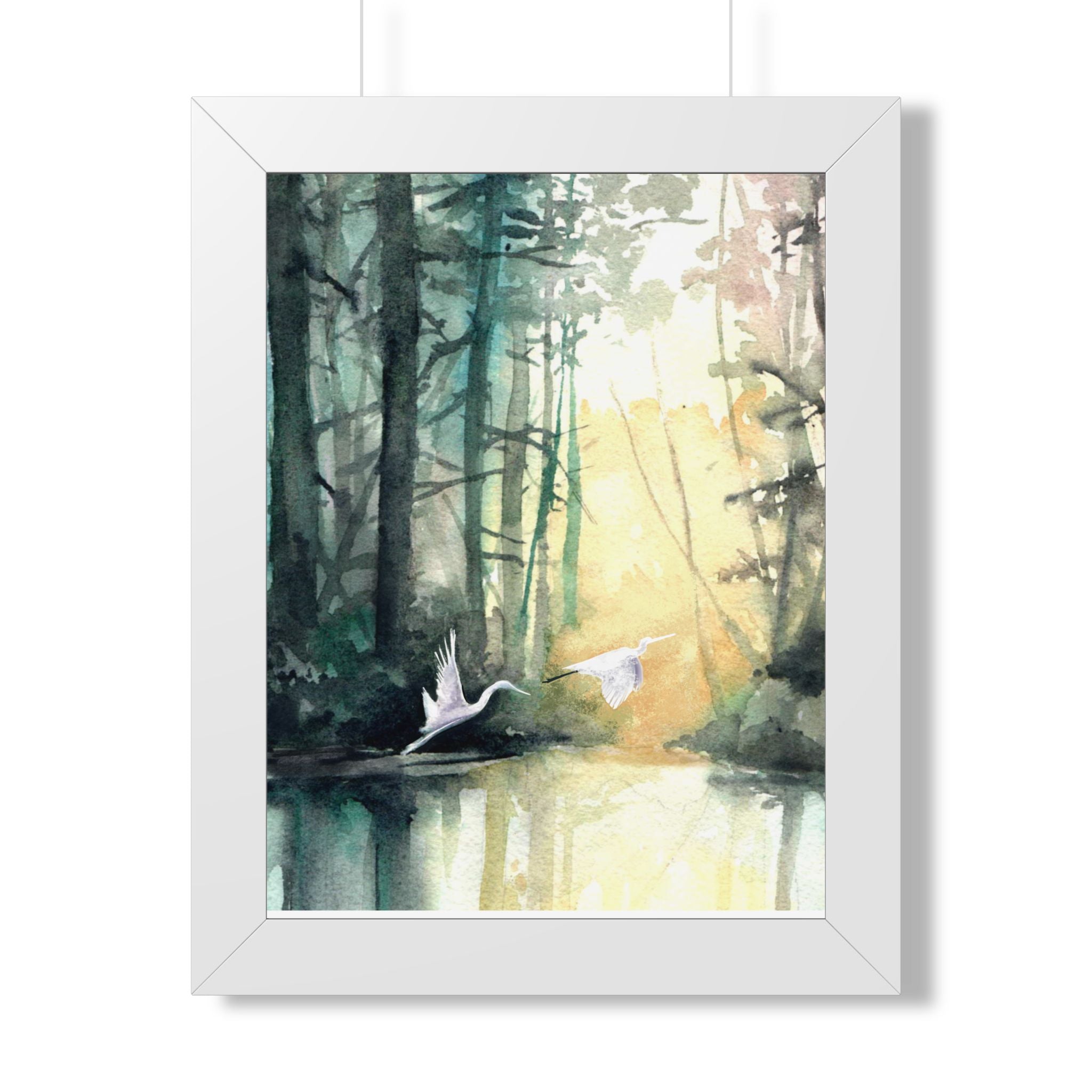 L Egrets at Dawn — Framed Vertical Poster