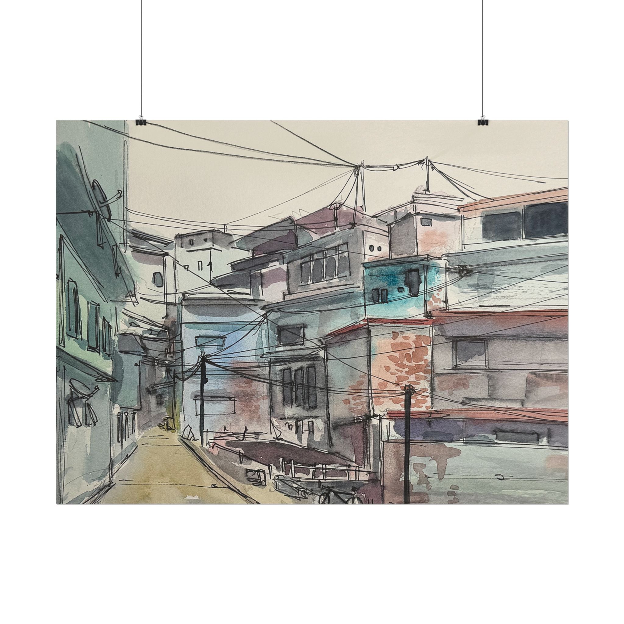 Watercolor Urban Scene Matte Poster — Textured Cityscape Wall Art