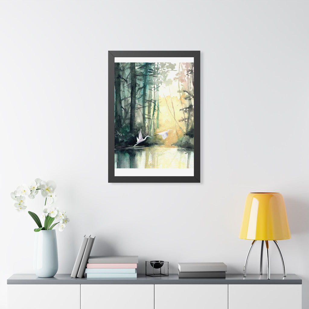 L Egrets at Dawn — Framed Vertical Poster