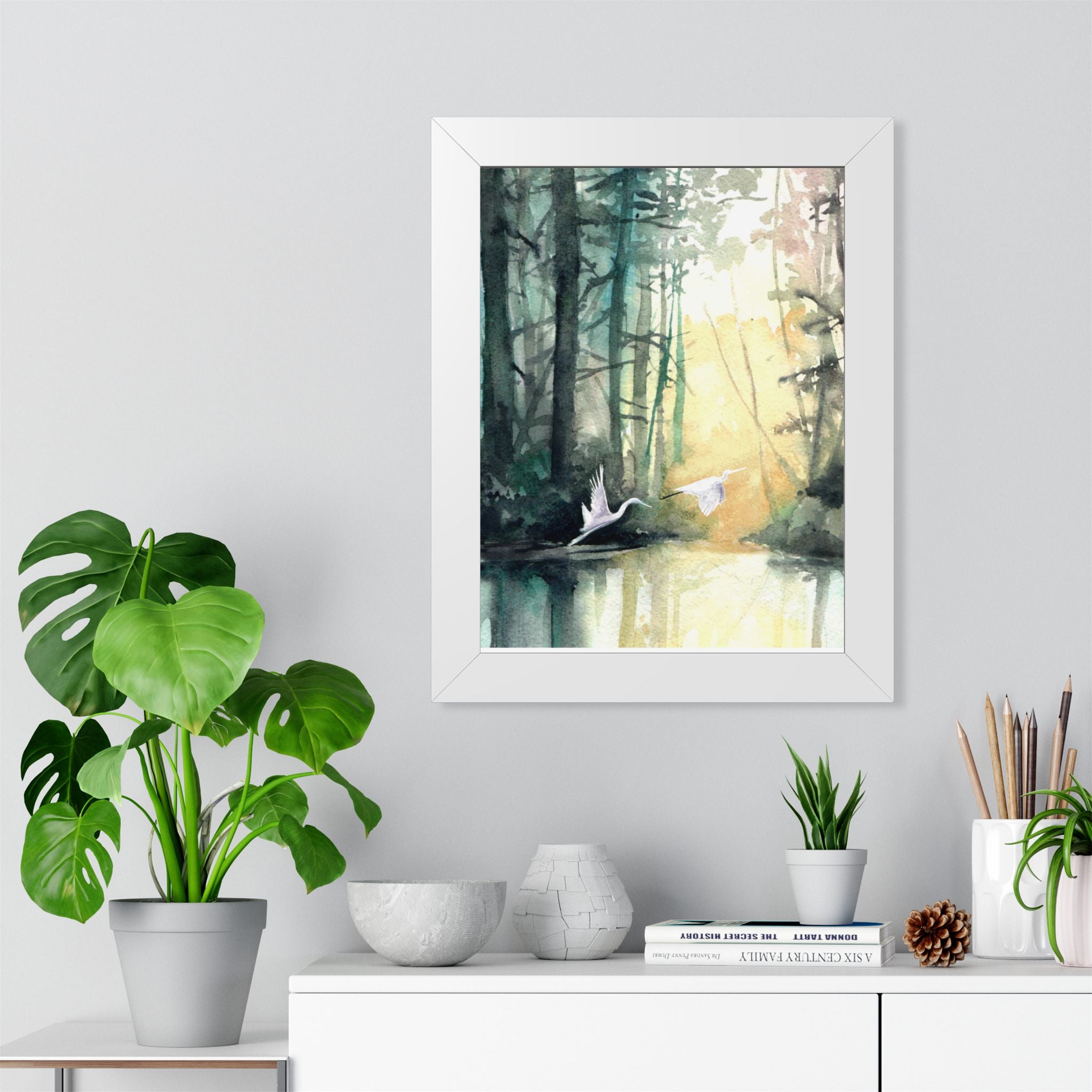 L Egrets at Dawn — Framed Vertical Poster