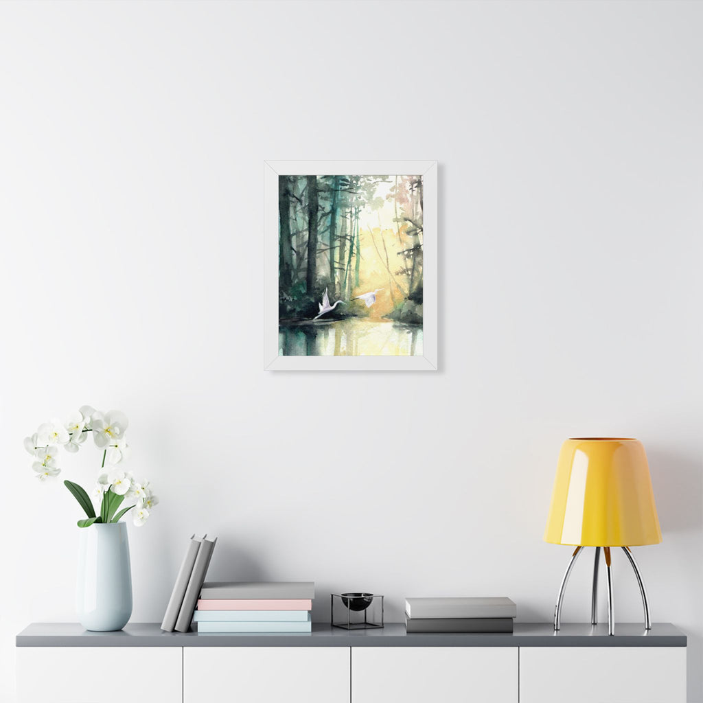 L Egrets at Dawn — Framed Vertical Poster