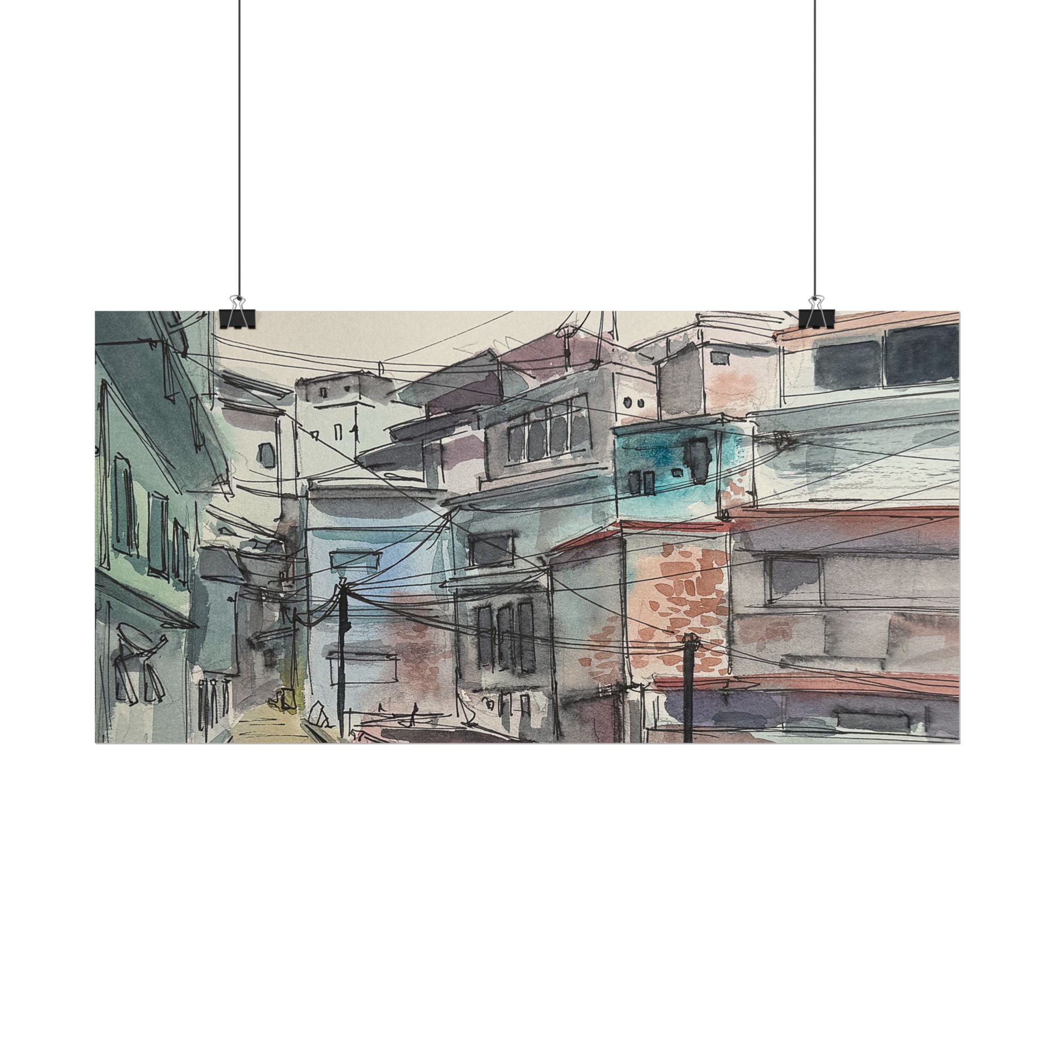 Watercolor Urban Scene Matte Poster — Textured Cityscape Wall Art