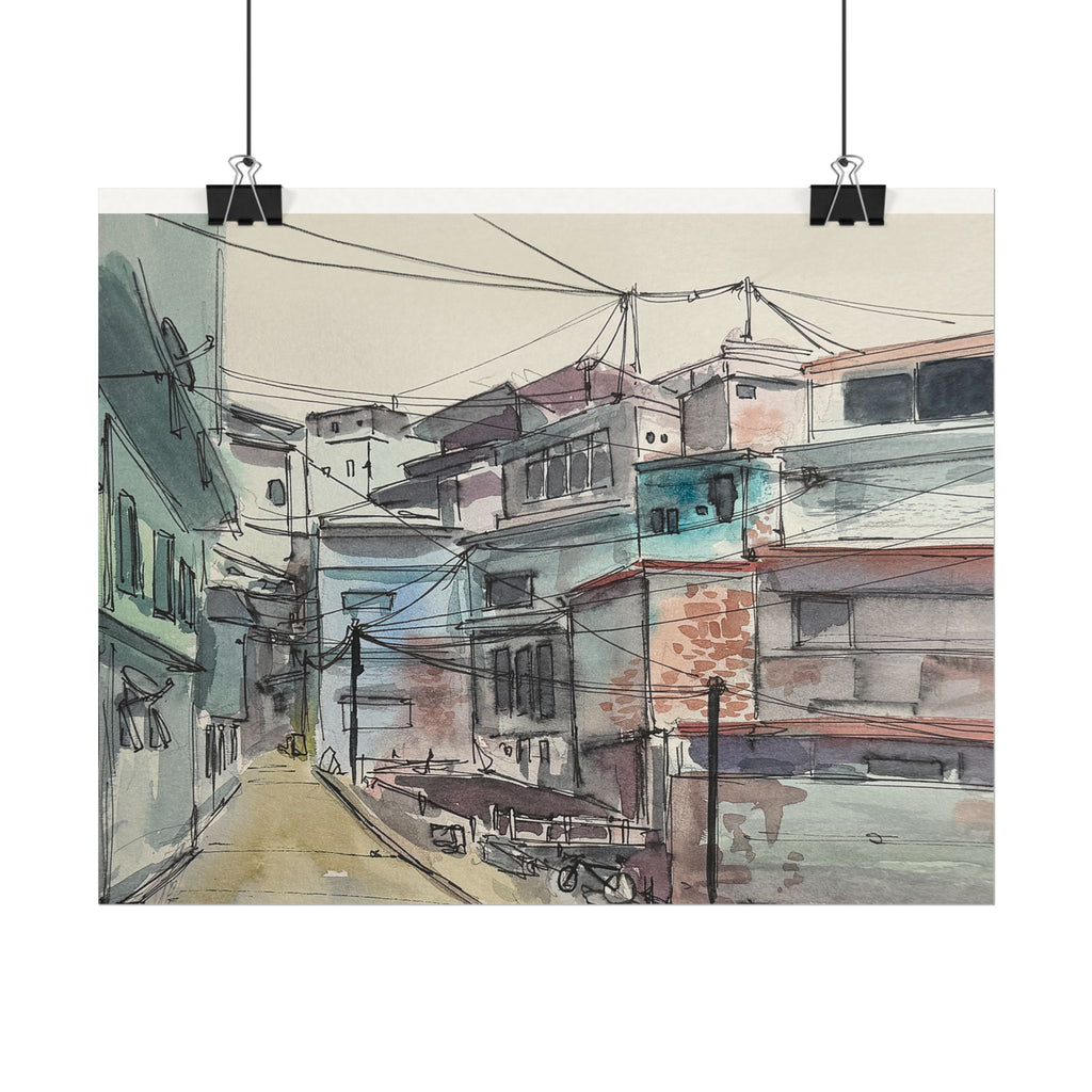 Watercolor Urban Scene Matte Poster — Textured Cityscape Wall Art