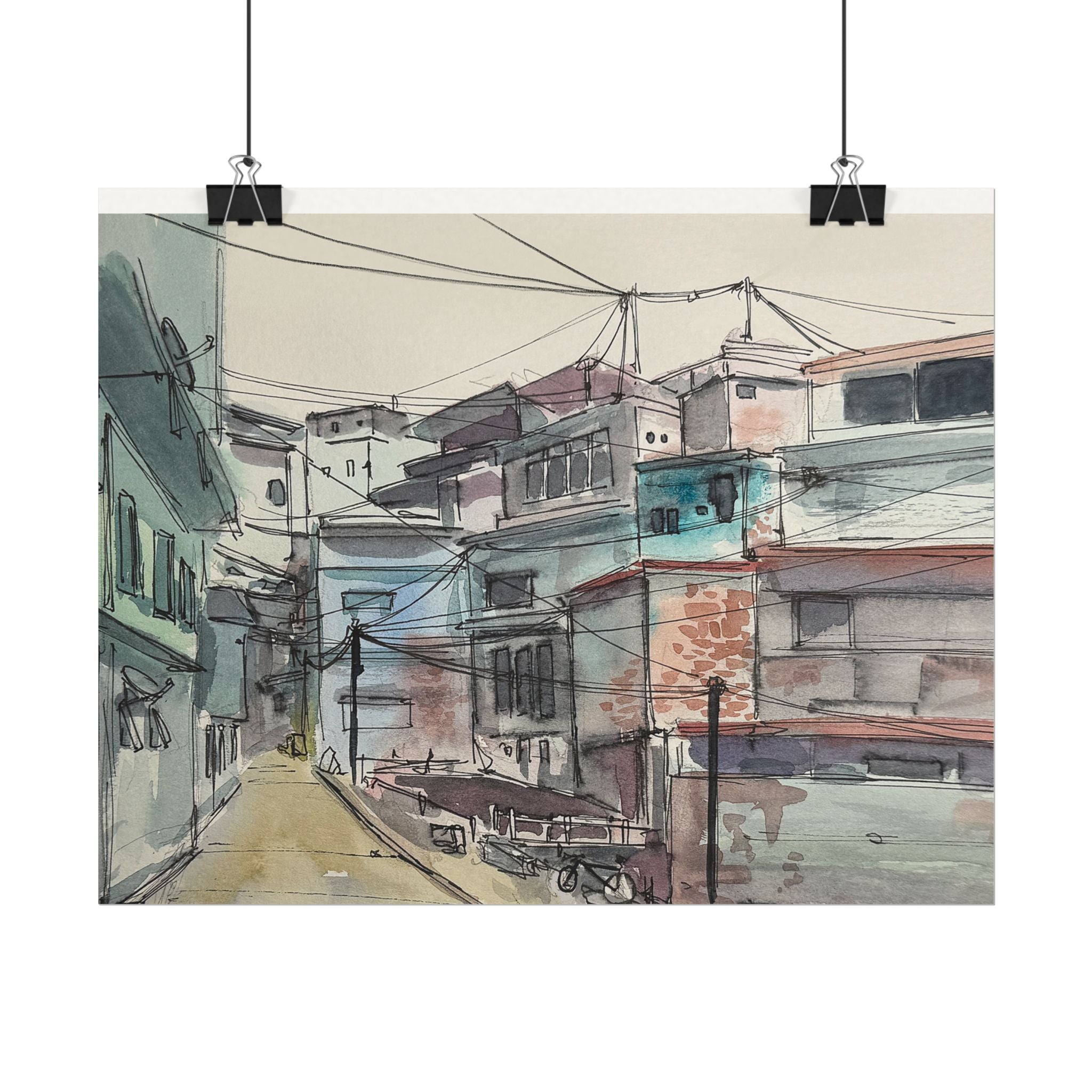Watercolor Urban Scene Matte Poster — Textured Cityscape Wall Art