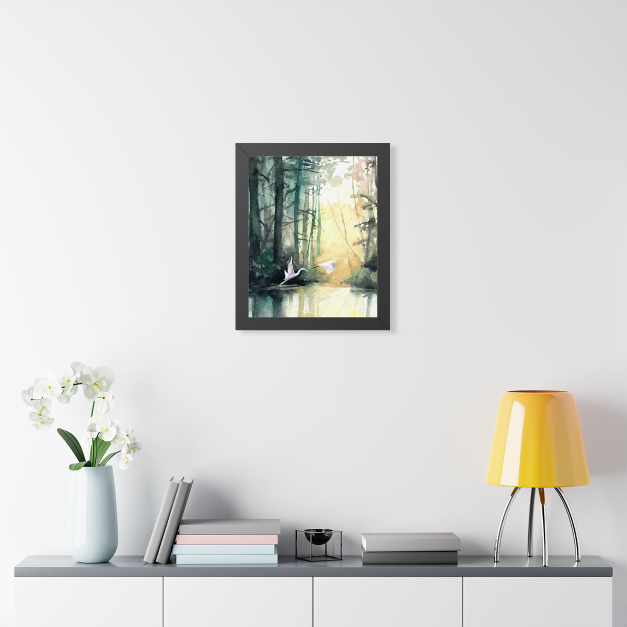 L Egrets at Dawn — Framed Vertical Poster