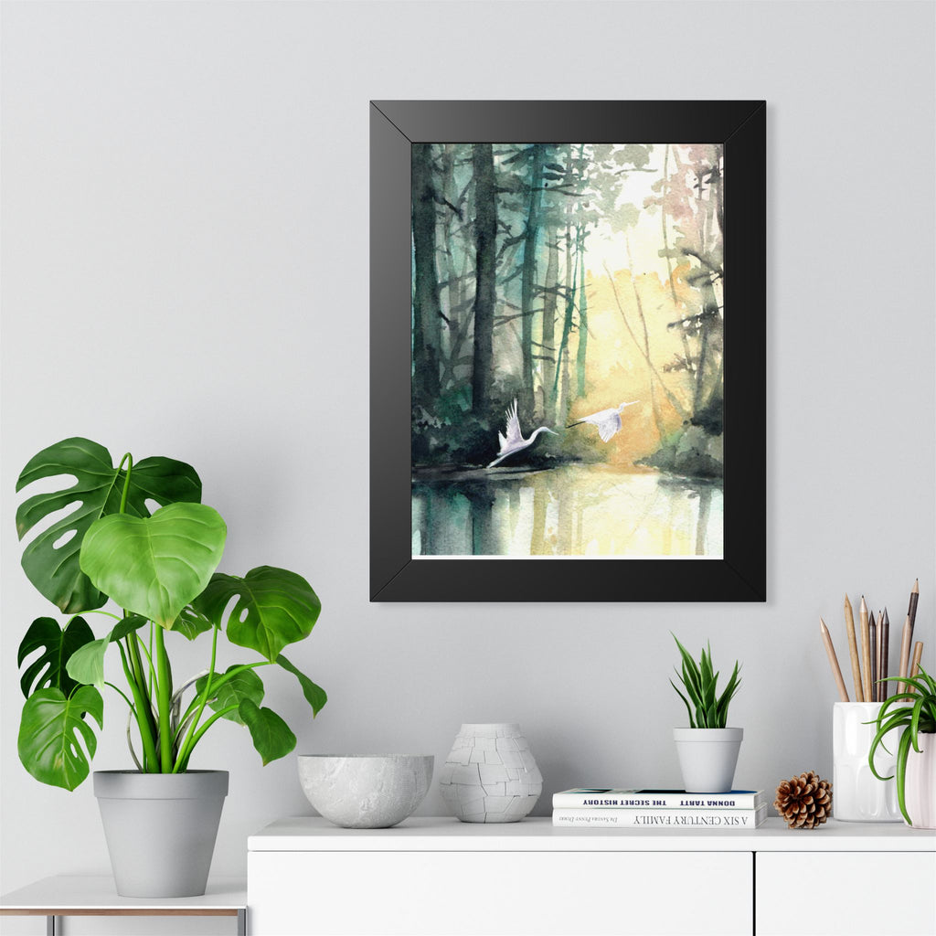 L Egrets at Dawn — Framed Vertical Poster