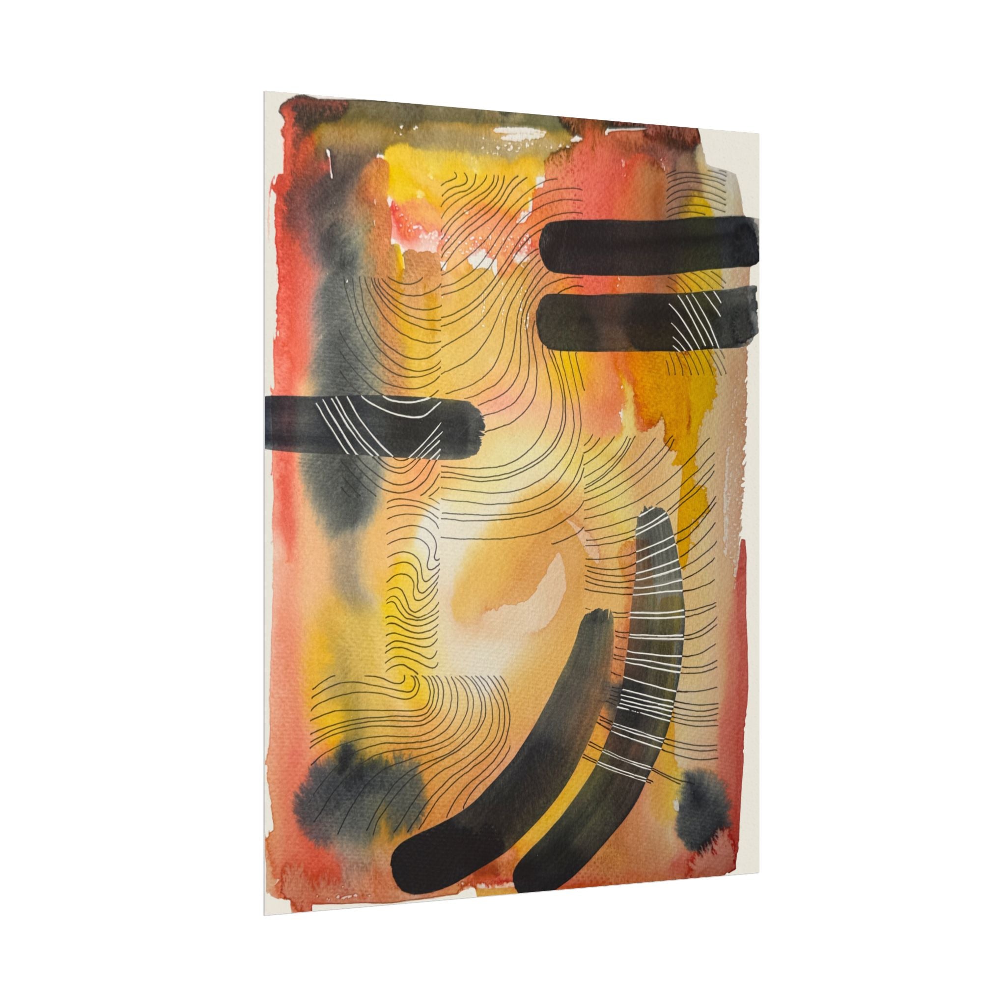 Abstract Watercolor Matte Poster — Warm Tones with Bold Black Strokes & Pen Overlays