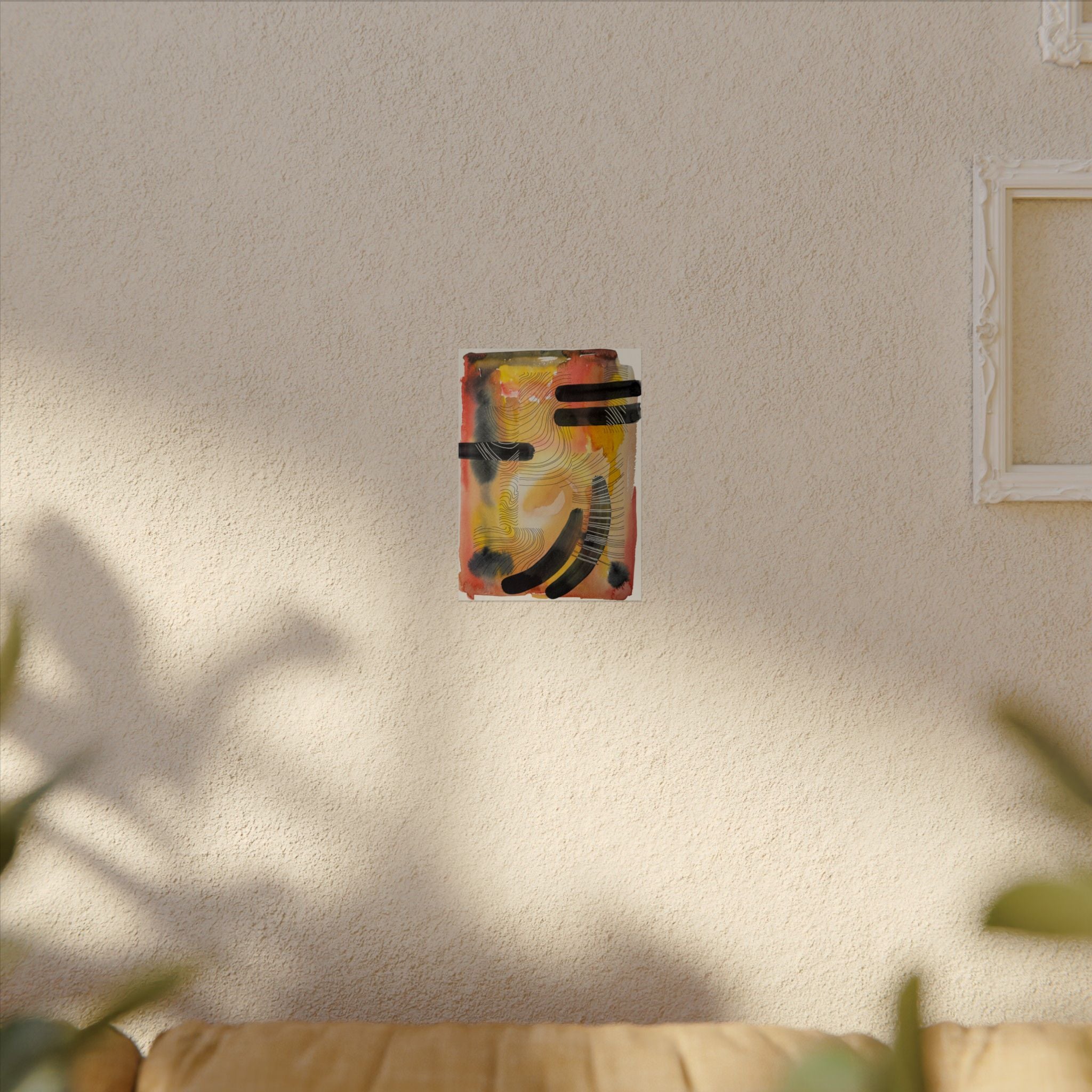 Abstract Watercolor Matte Poster — Warm Tones with Bold Black Strokes & Pen Overlays