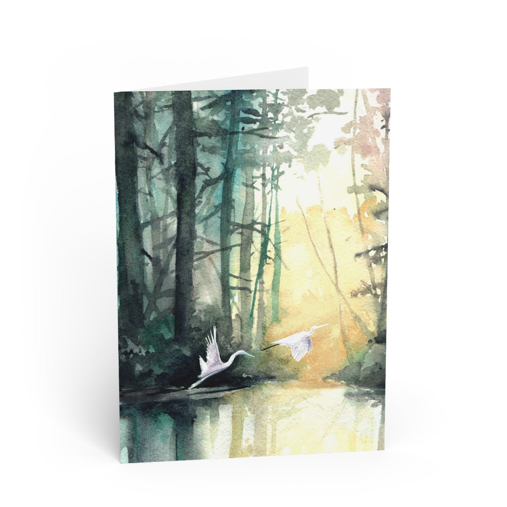 Egrets at Dawn Greeting Card — Watercolor Nature Note Card