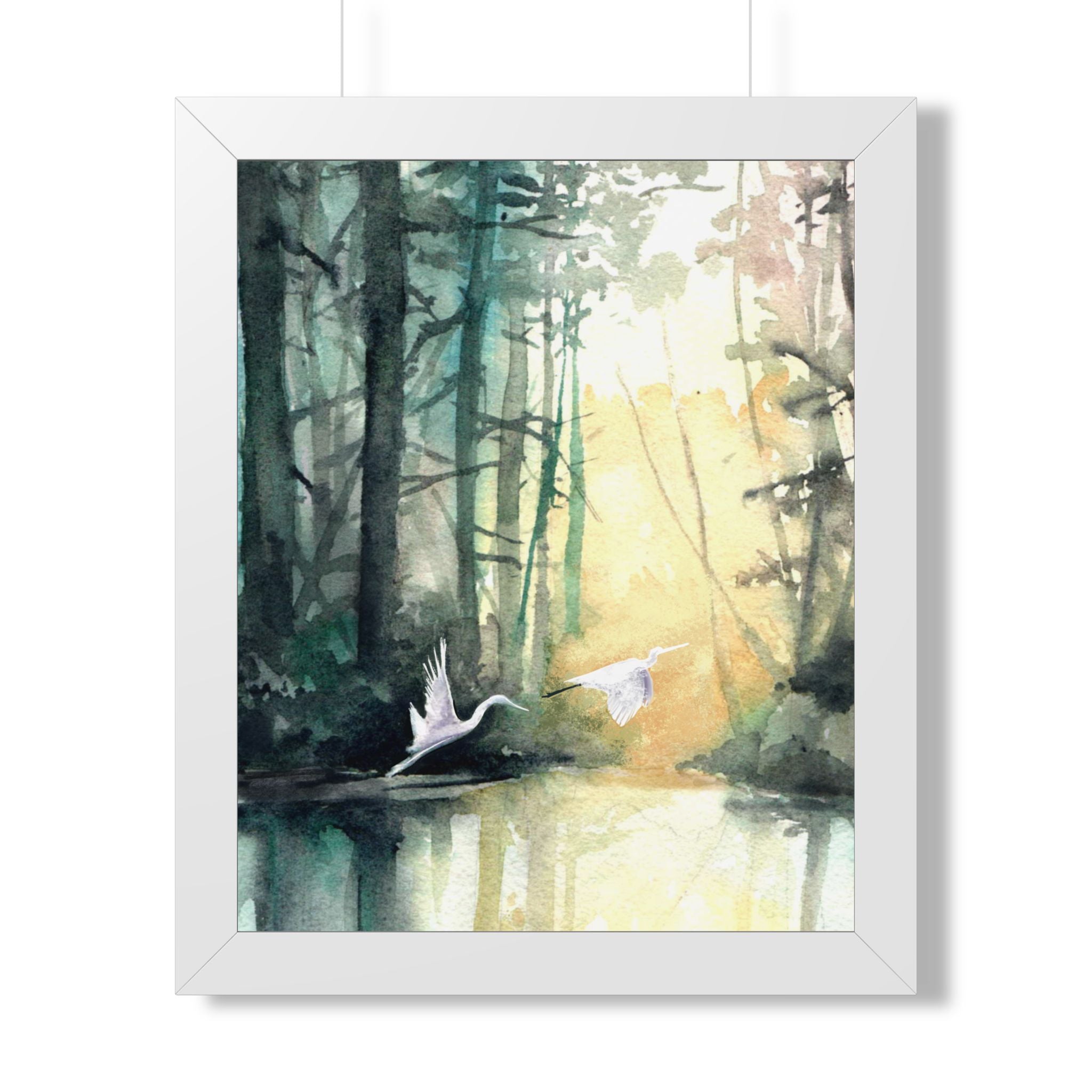 L Egrets at Dawn — Framed Vertical Poster