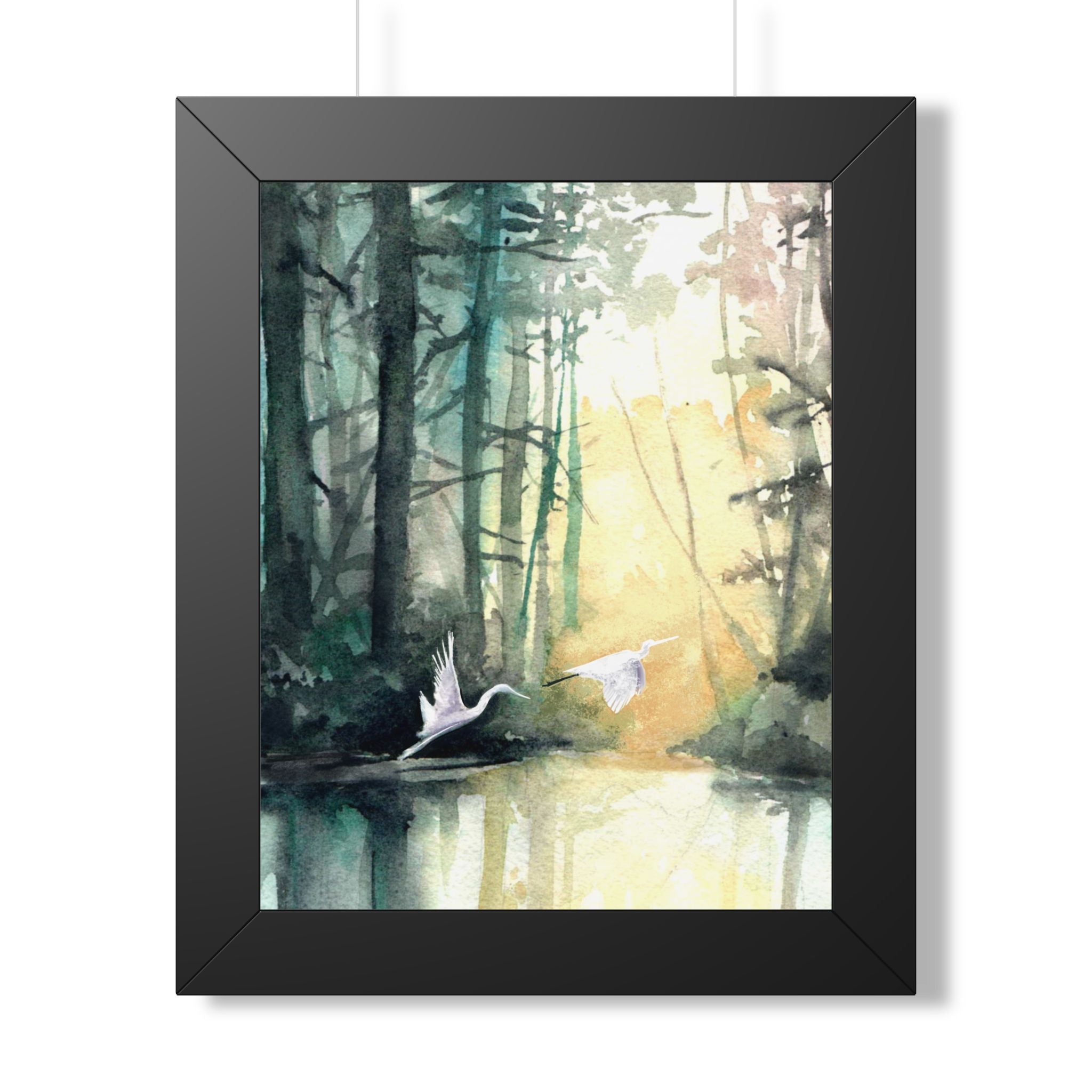 L Egrets at Dawn — Framed Vertical Poster