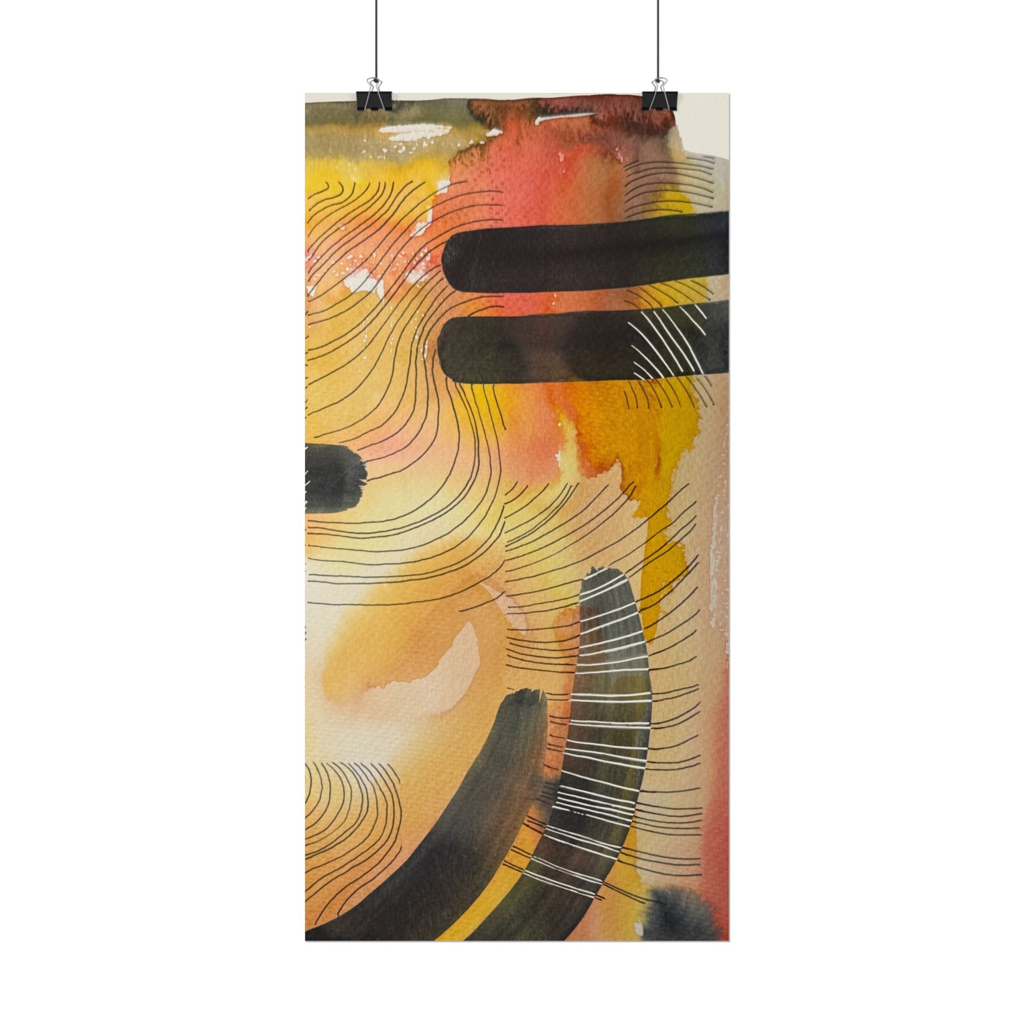 Abstract Watercolor Matte Poster — Warm Tones with Bold Black Strokes & Pen Overlays