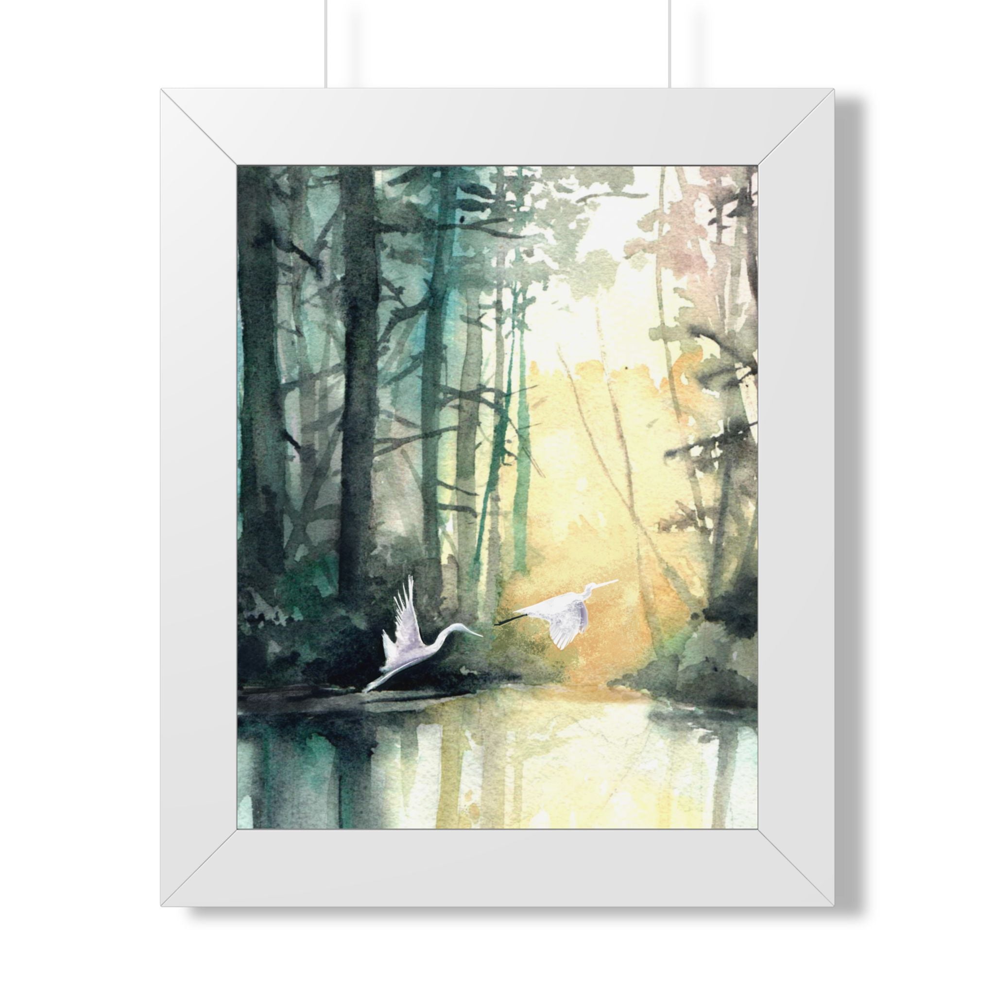 L Egrets at Dawn — Framed Vertical Poster