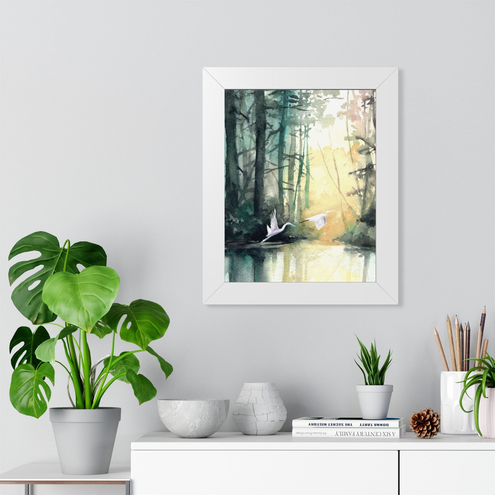 L Egrets at Dawn — Framed Vertical Poster