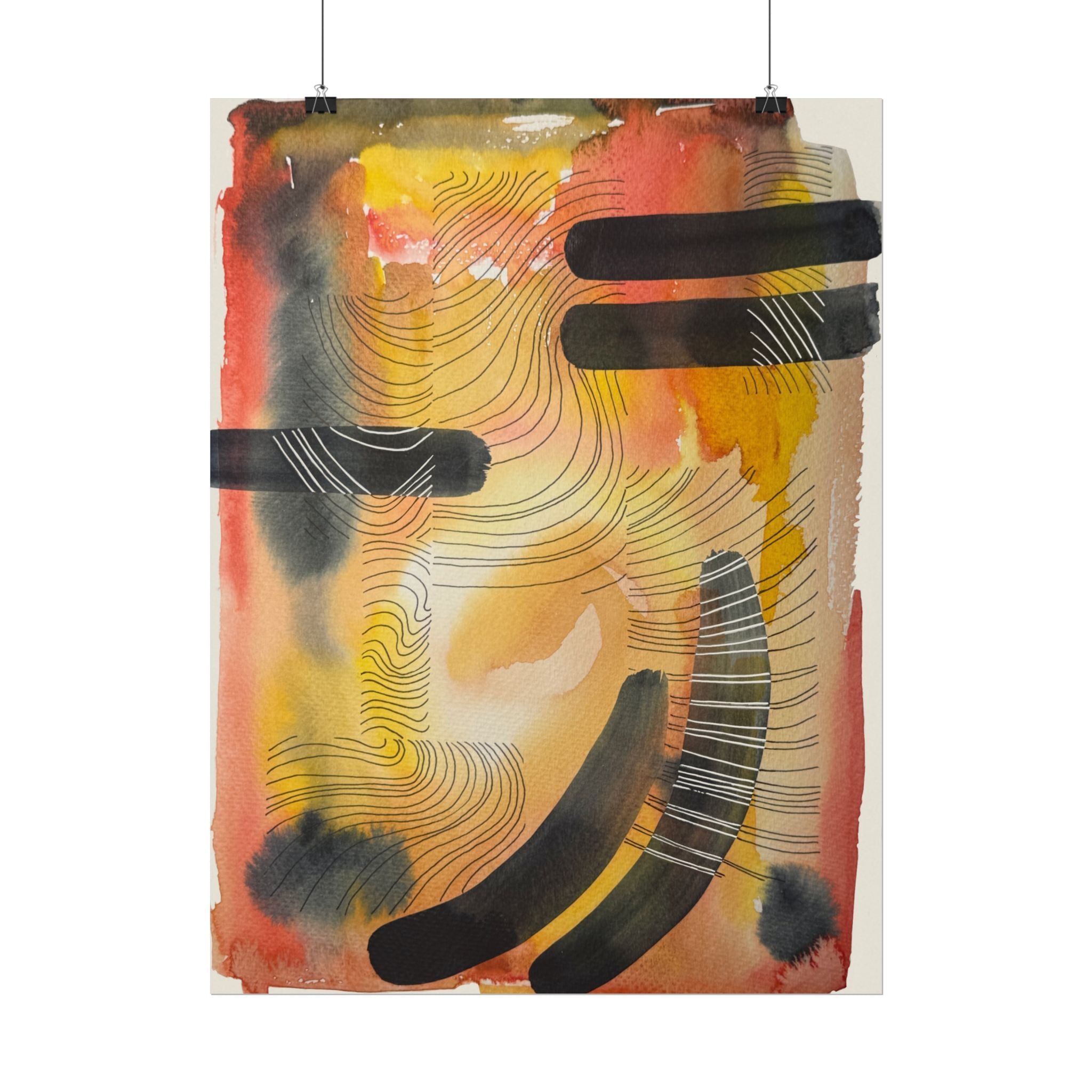 Abstract Watercolor Matte Poster — Warm Tones with Bold Black Strokes & Pen Overlays