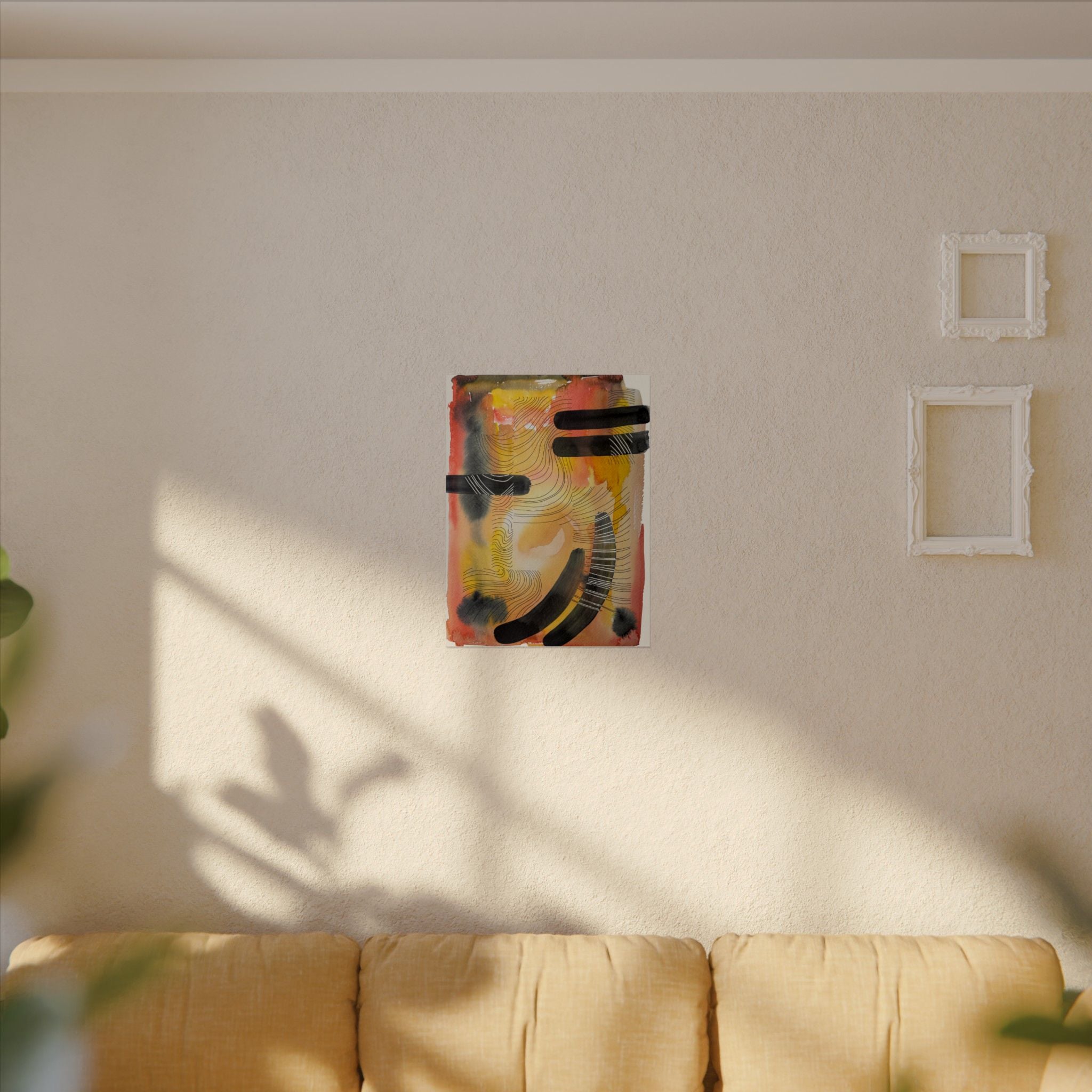 Abstract Watercolor Matte Poster — Warm Tones with Bold Black Strokes & Pen Overlays