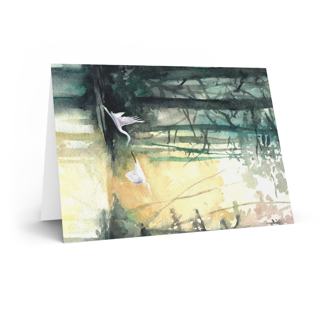 Egrets at Dawn Greeting Card — Watercolor Nature Note Card
