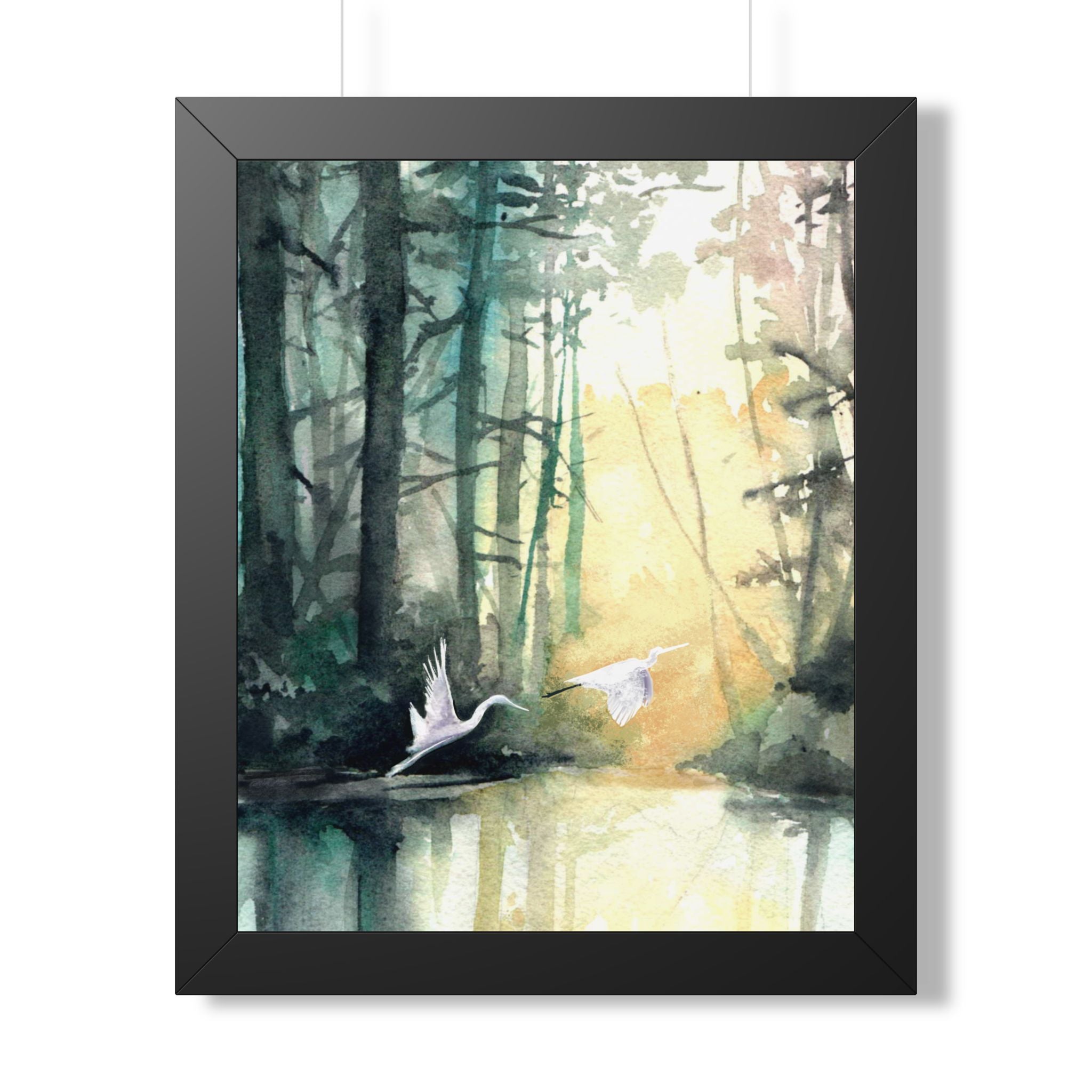 L Egrets at Dawn — Framed Vertical Poster