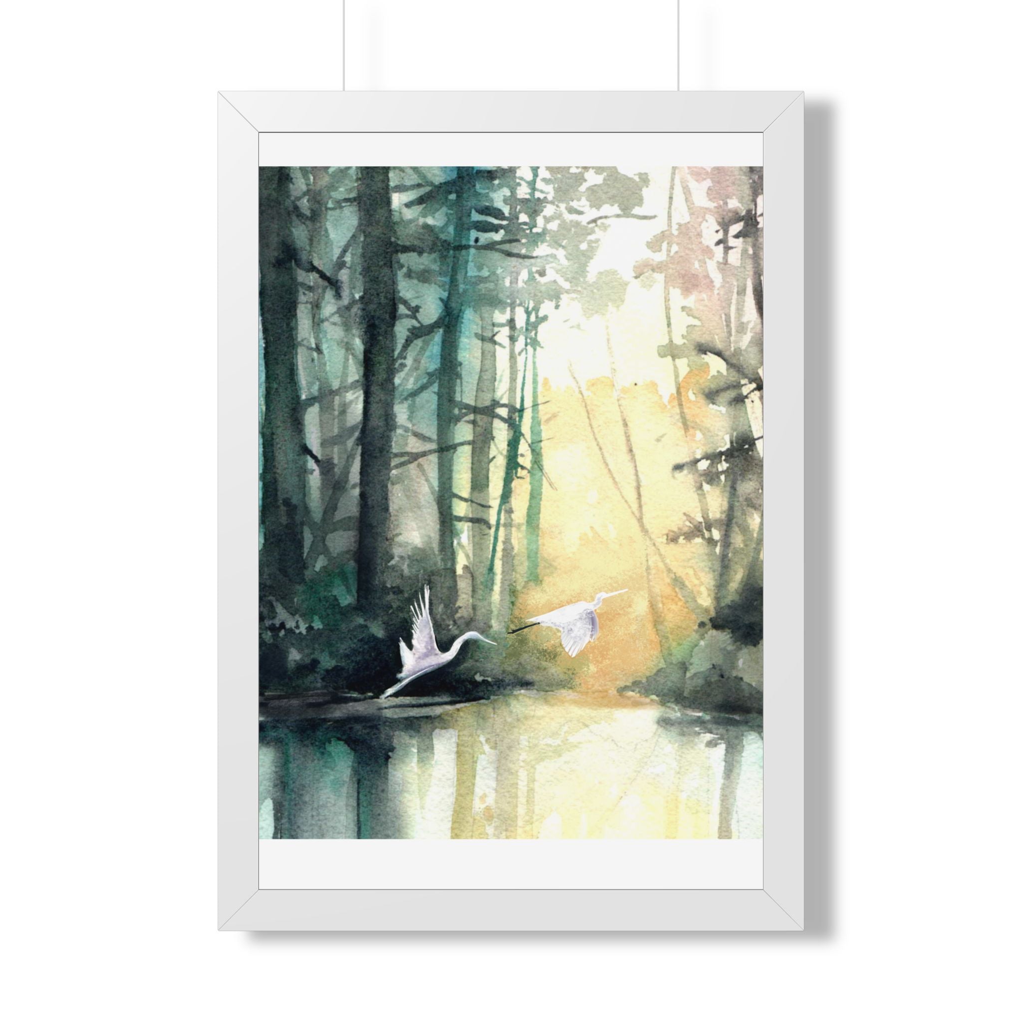L Egrets at Dawn — Framed Vertical Poster