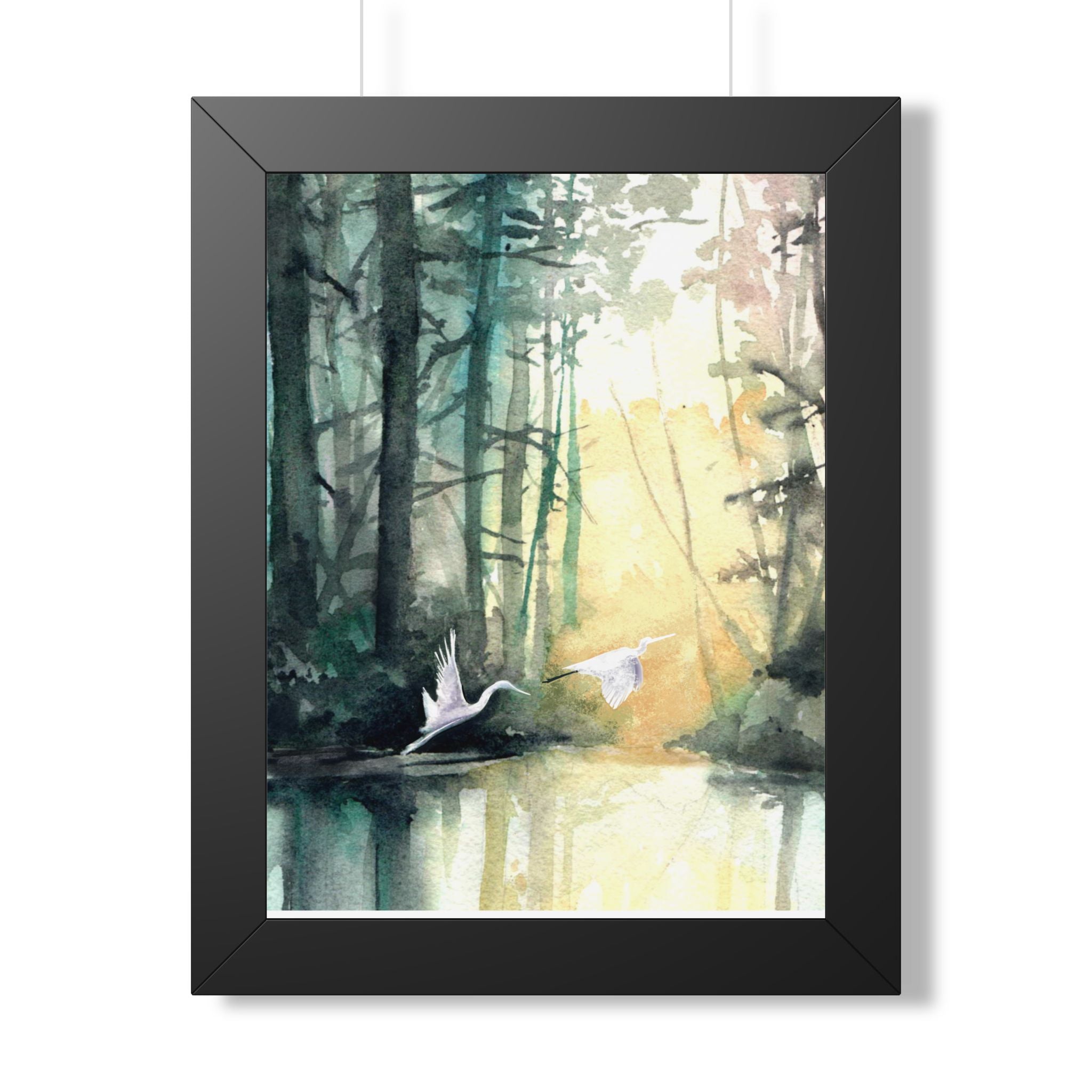 L Egrets at Dawn — Framed Vertical Poster