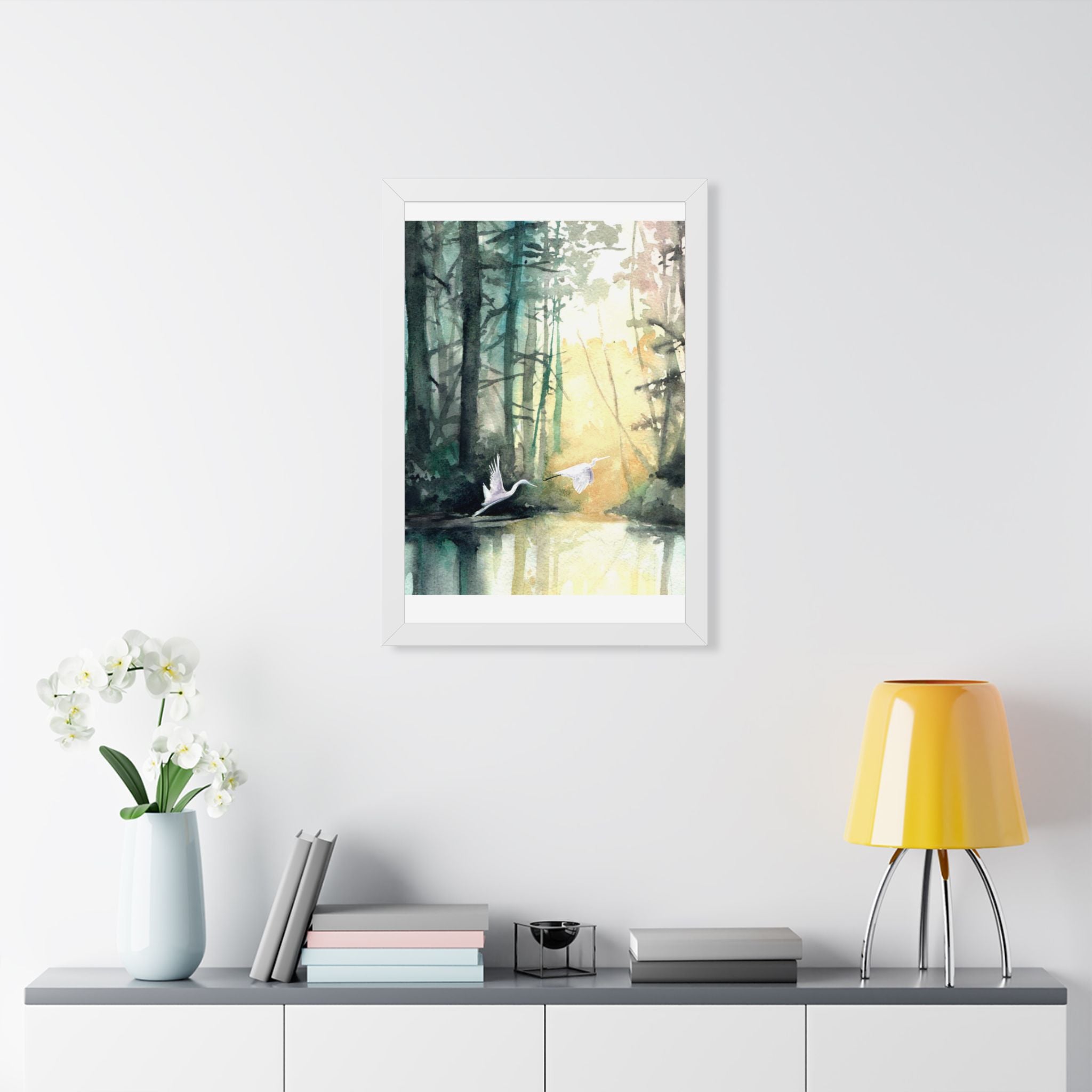 L Egrets at Dawn — Framed Vertical Poster