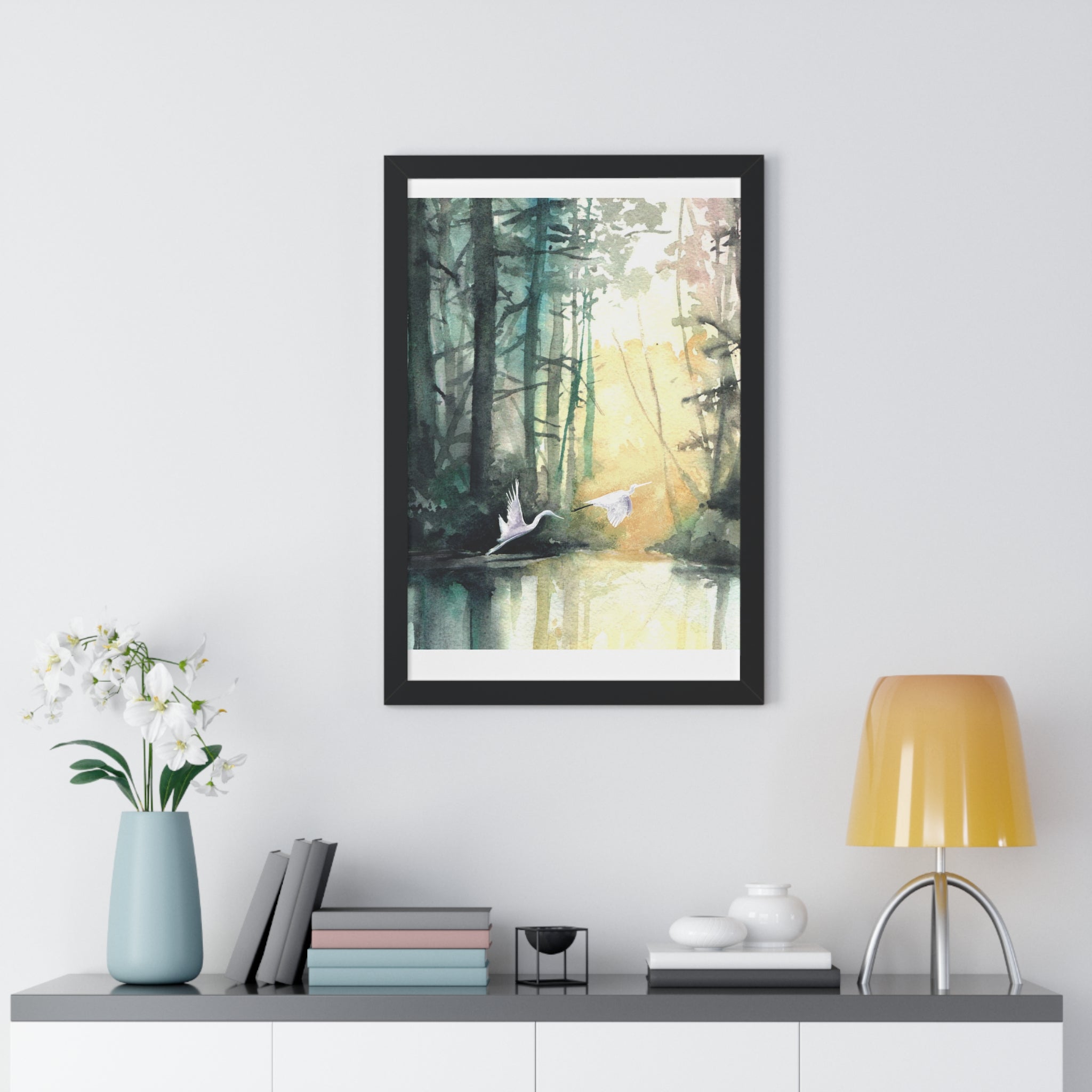 Egrets at Dawn — Framed Vertical Poster