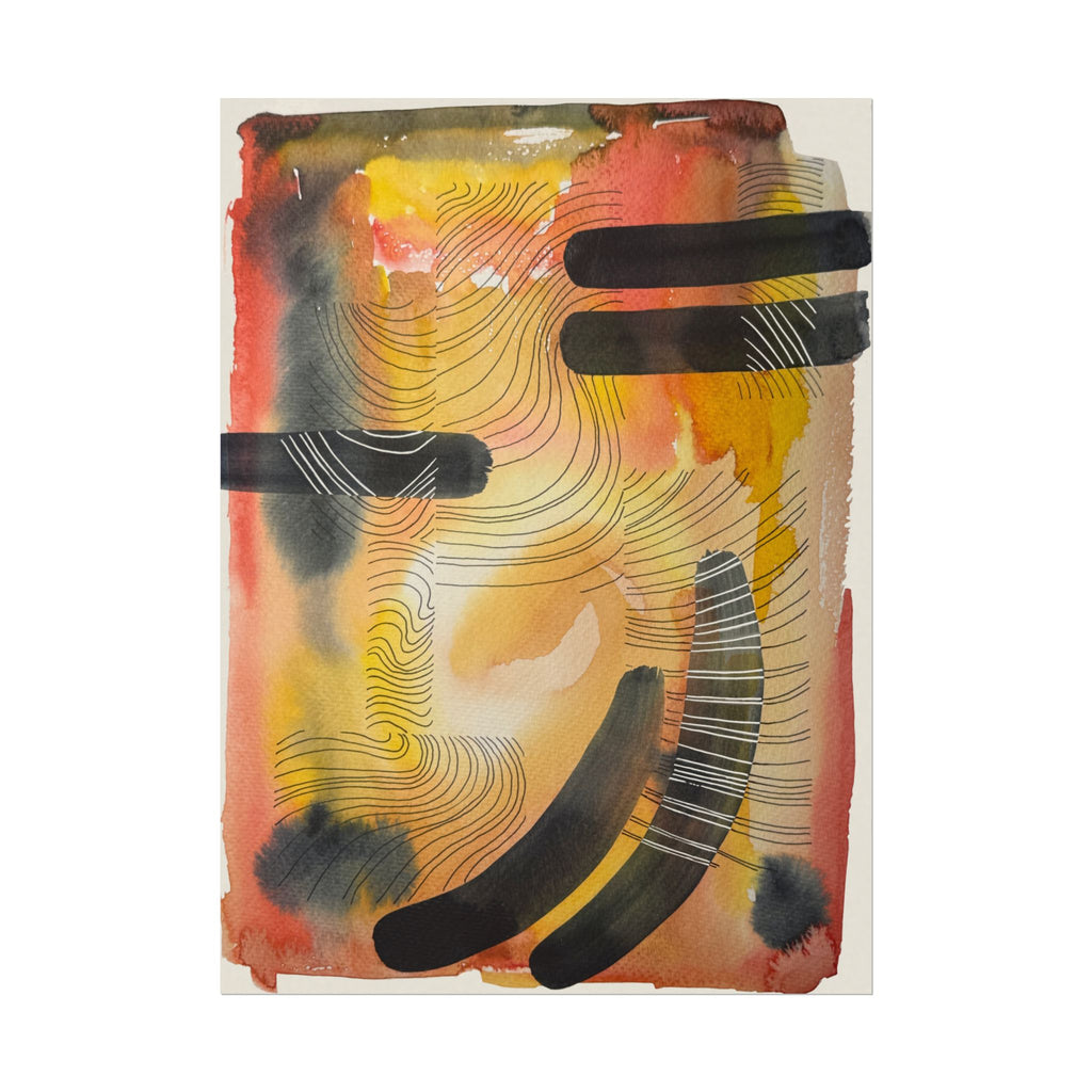 Abstract Watercolor Matte Poster — Warm Tones with Bold Black Strokes & Pen Overlays
