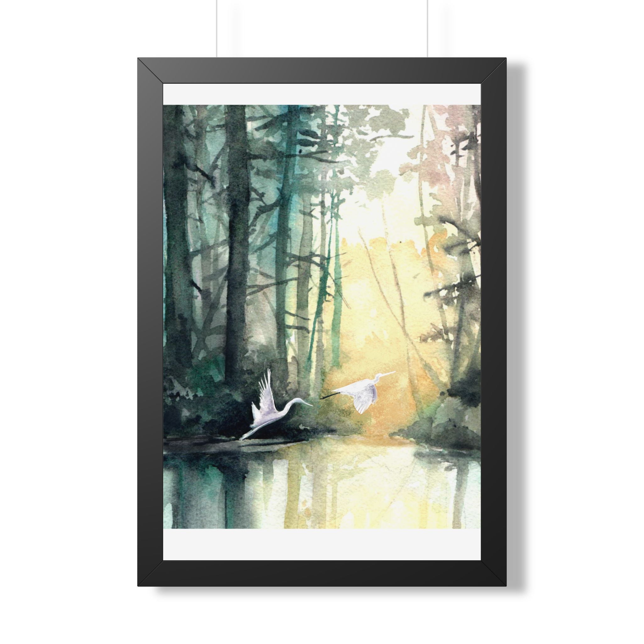 L Egrets at Dawn — Framed Vertical Poster