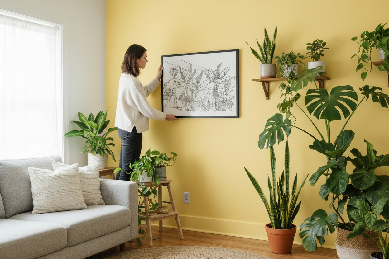 Person hanging art on yellow wall with many plants